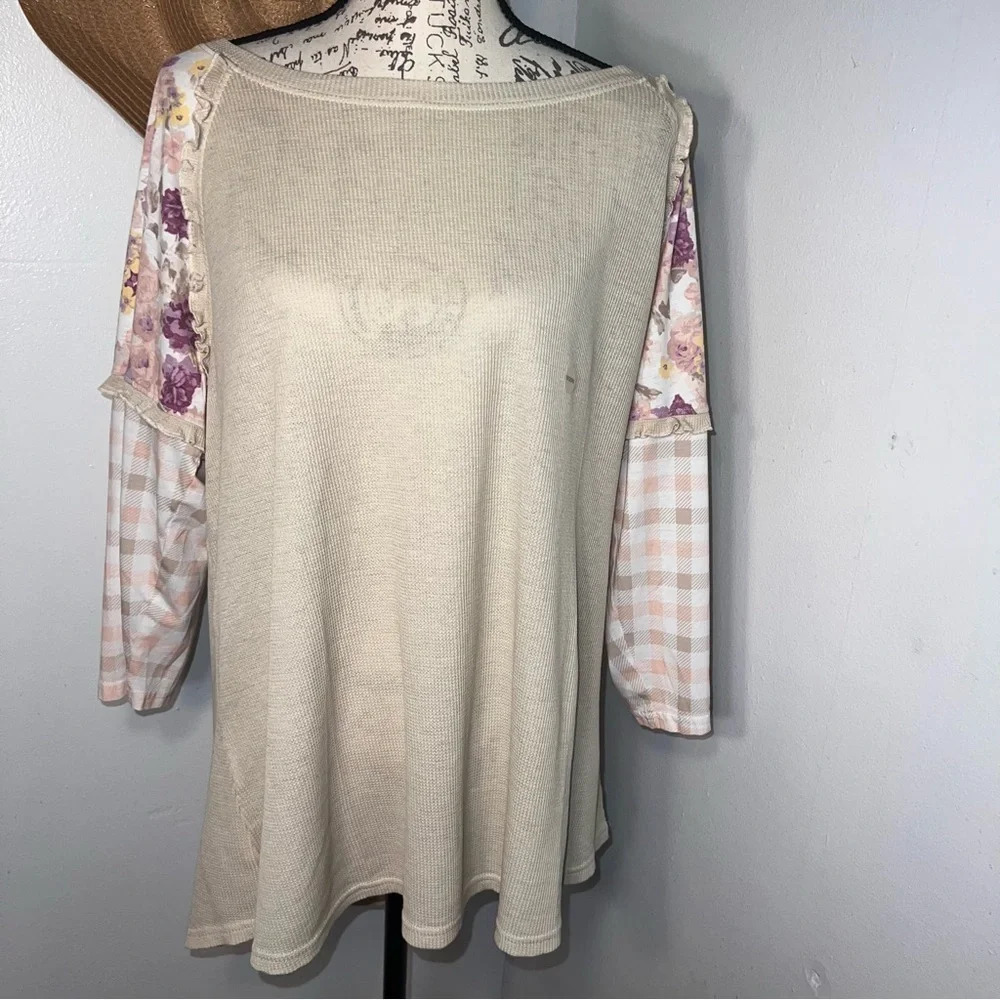Cato 18/20W waffle knit pastel floral plaid print ruffle accent sleeve tunic NWT